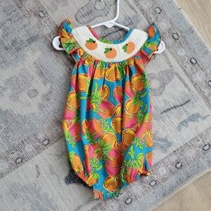 Poppy Kids Co Smocked Fruit Peaches Baby Girl Romper Bubble Sz6m